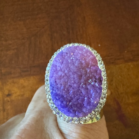 Lavender Crystal Geode Rhinestone Inlay, Gold Wide Band Design, Adjustable Ring - Picture 8 of 11